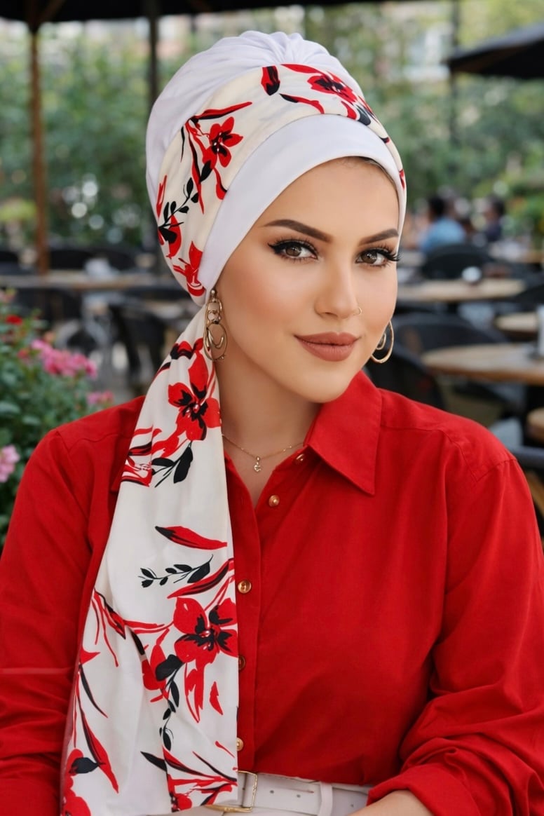 Beyaz Kırmızı Çiçek Desen Fularlı Bone