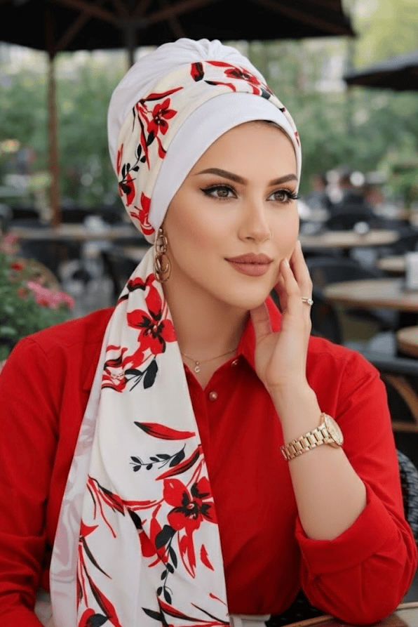 Beyaz Kırmızı Çiçek Desen Fularlı Bone