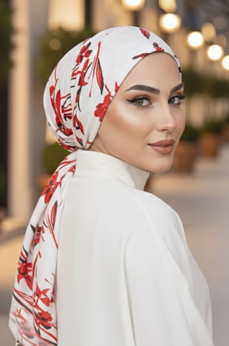 Beyaz Kırmızı Çiçekli Eşarp Bone