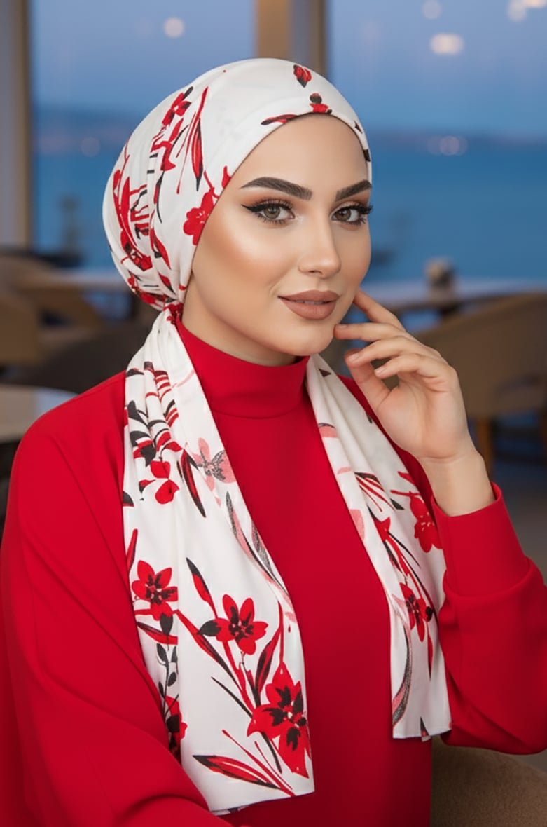 Beyaz Kırmızı Çiçekli Eşarp Bone