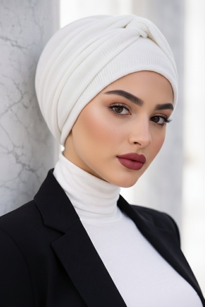 Beyaz Triko Fitilli Burgu Detaylı Bone