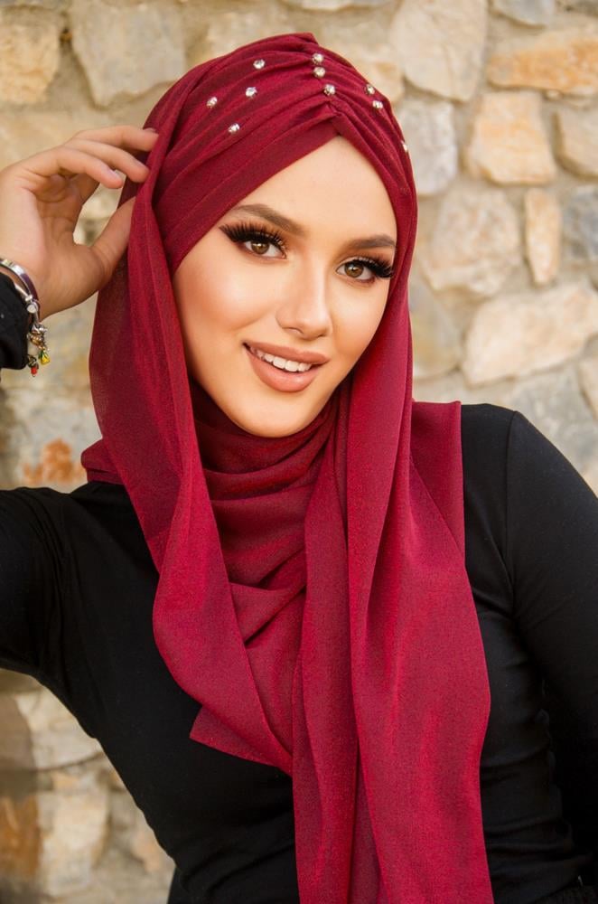 Bordo Işıltılı Taşlı Abiye Şal