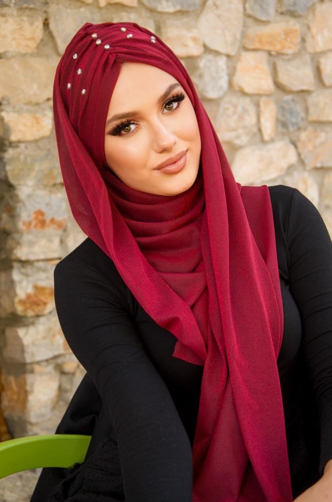 Bordo Işıltılı Taşlı Abiye Şal