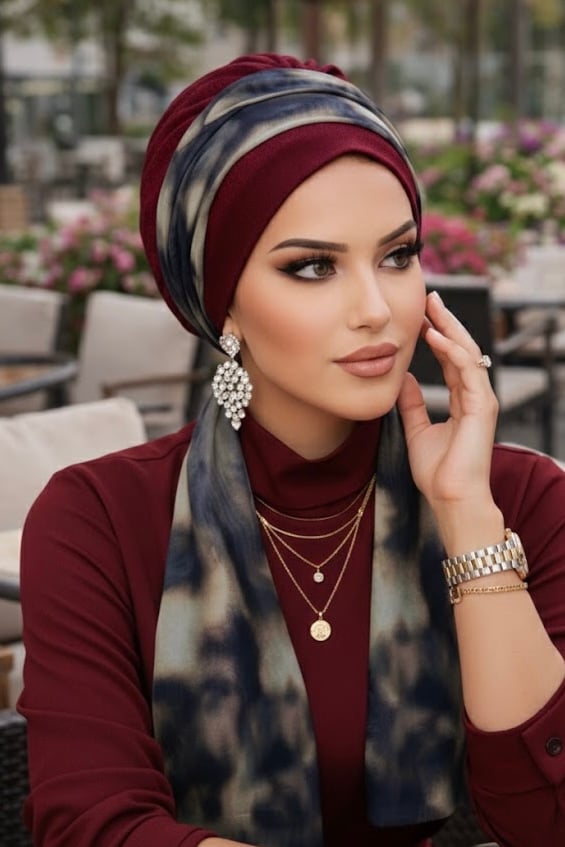 Bordo Kahve Batik Desen Fularlı Bone