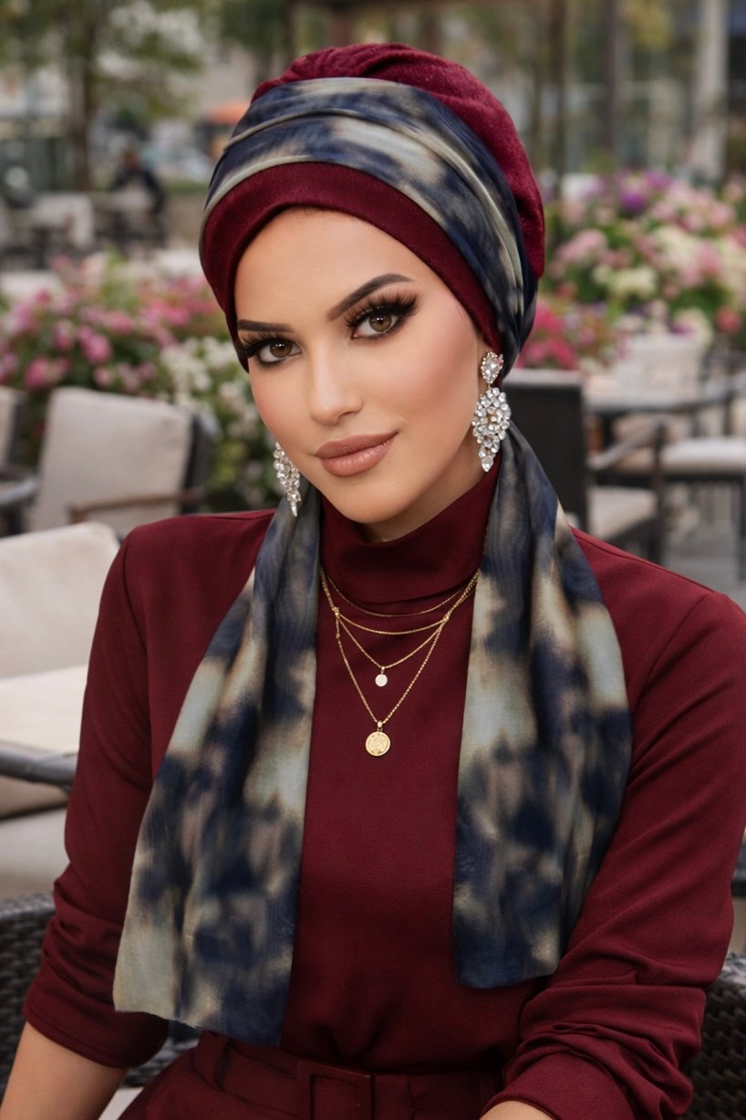 Bordo Kahve Batik Desen Fularlı Bone