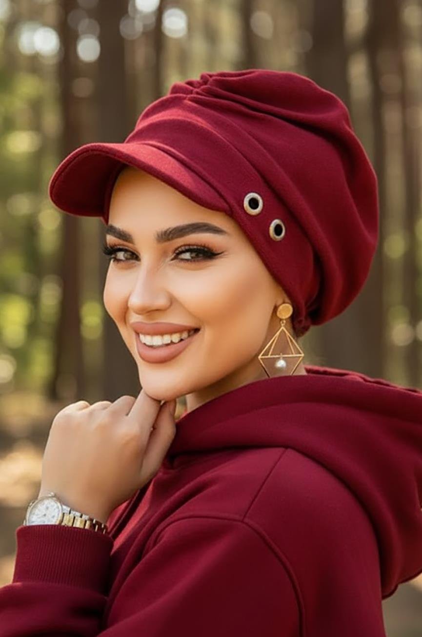 Bordo Metal Detaylı Tesettür Şapka Bone