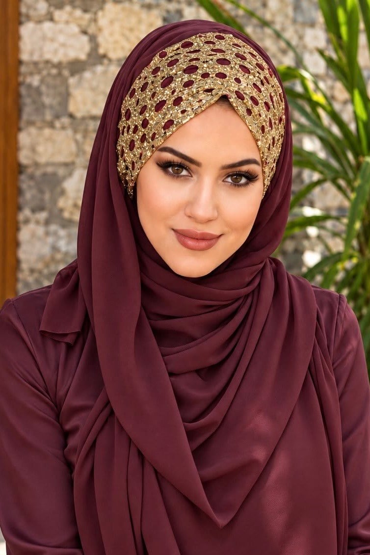 Bordo Simli Gold Detaylı Abiye Bandana Şal