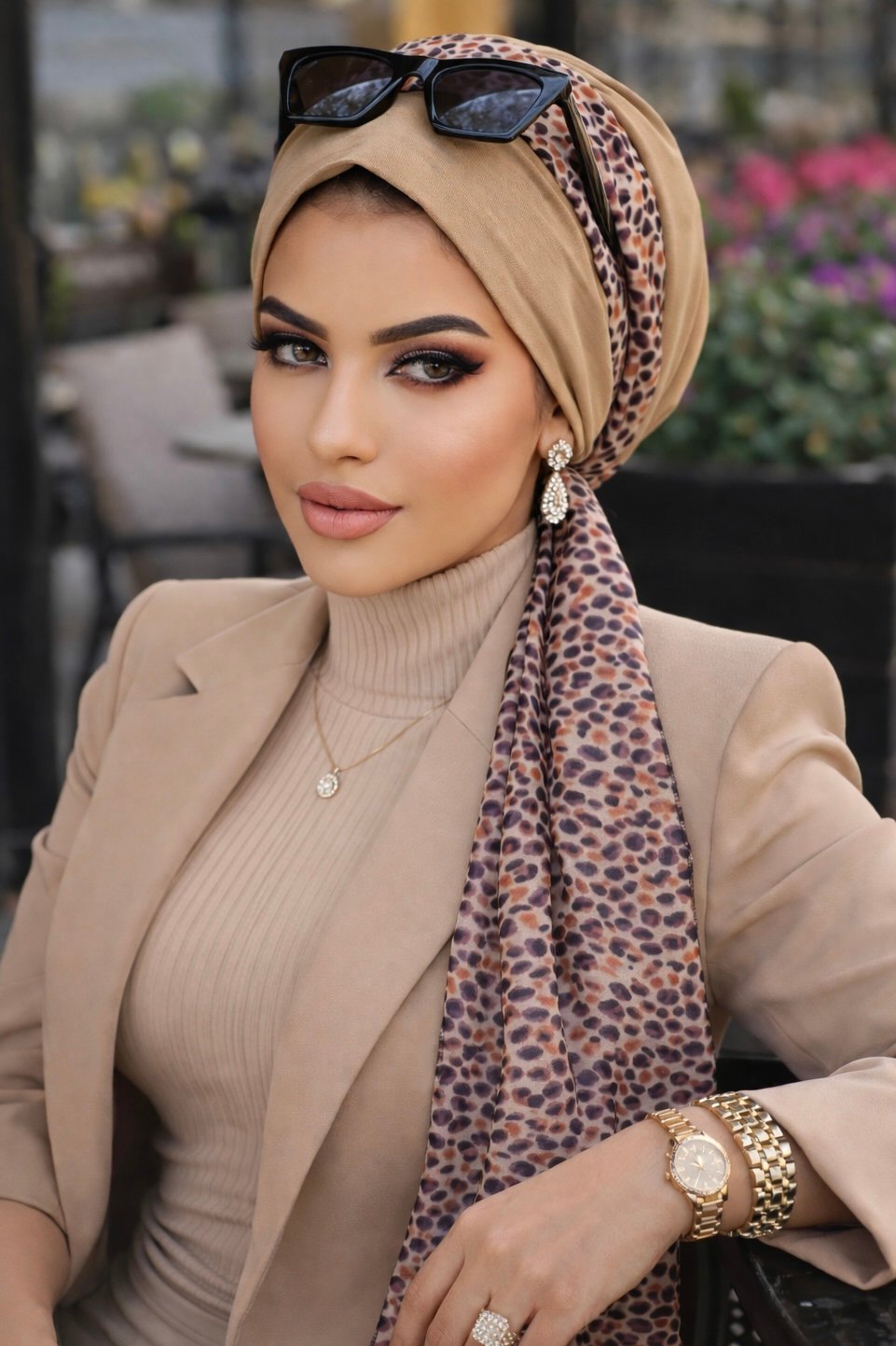 Camel Desen Fularlı Bone