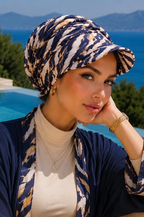 Camel Siyah Zebra Tesettür Şapka Bone