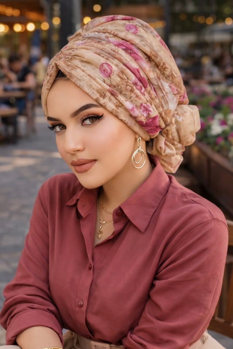Camel Vişne Çiçek Desen Tokalı Bone