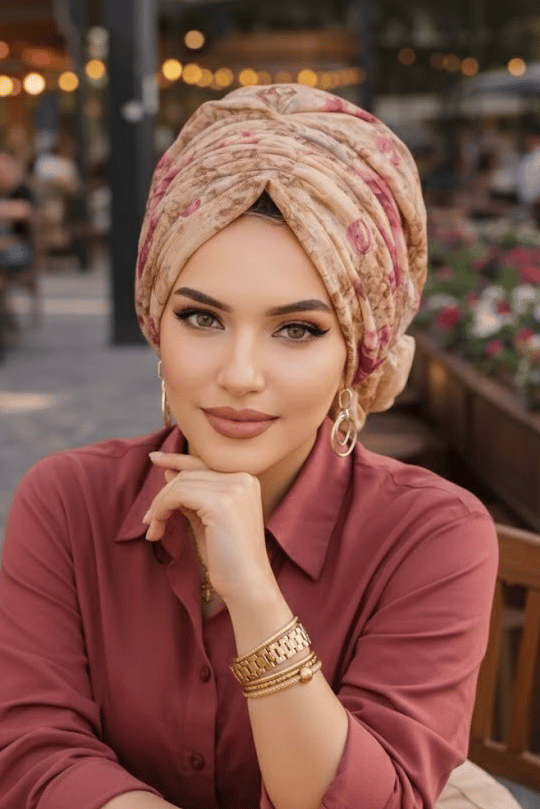 Camel Vişne Çiçek Desen Tokalı Bone