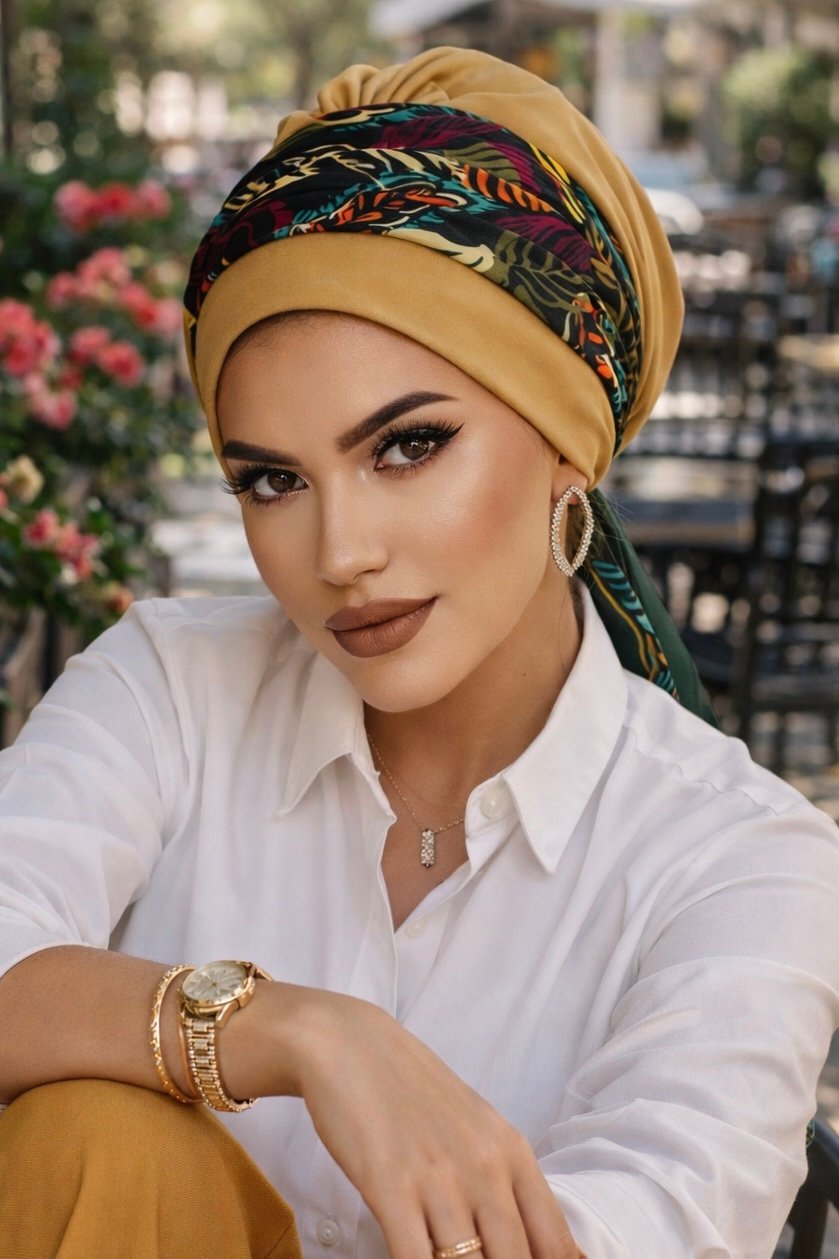 Camel Yaprak Desenli Bantlı Hazır Bone