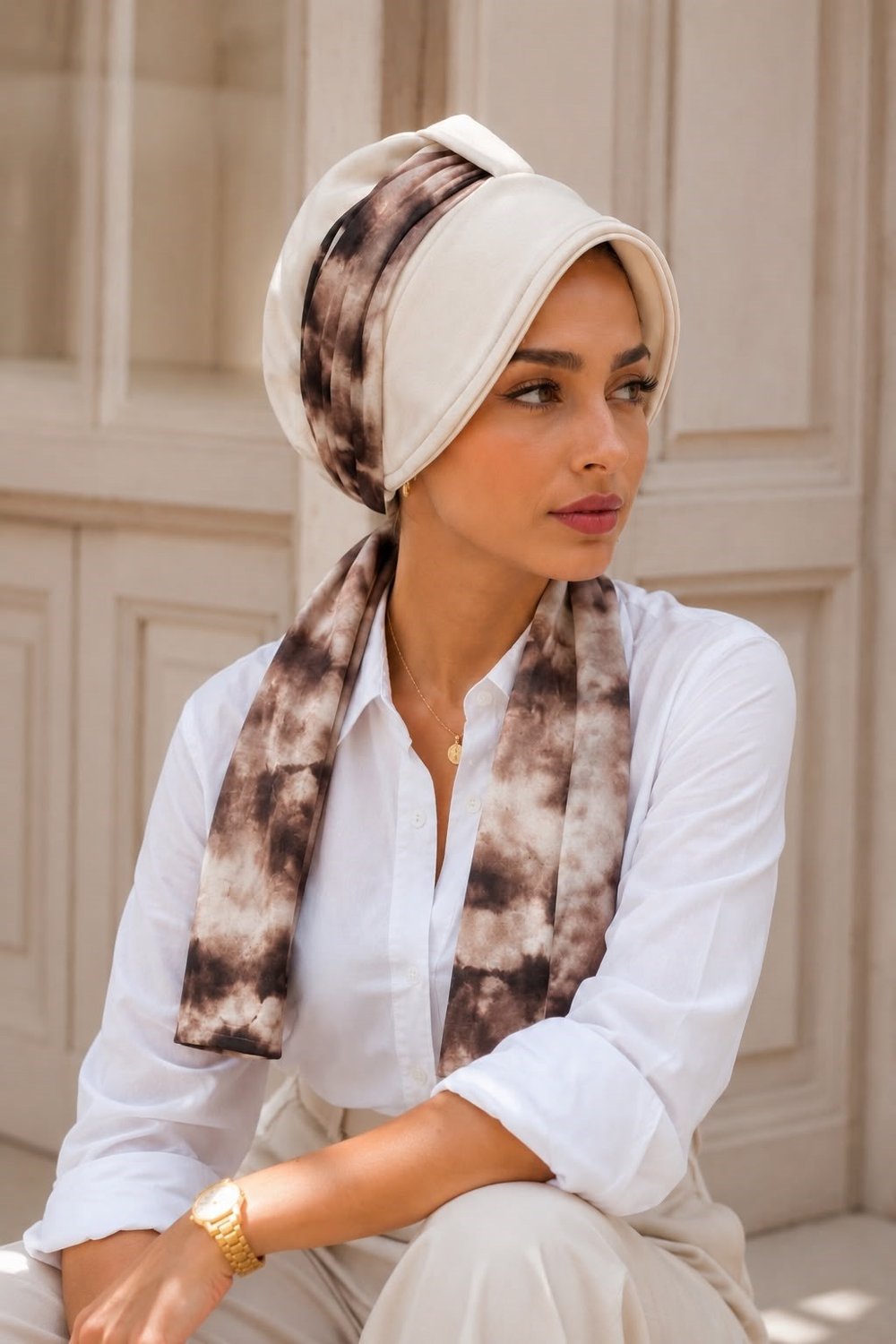 Ekru Batik Fularlı Şapka Bone