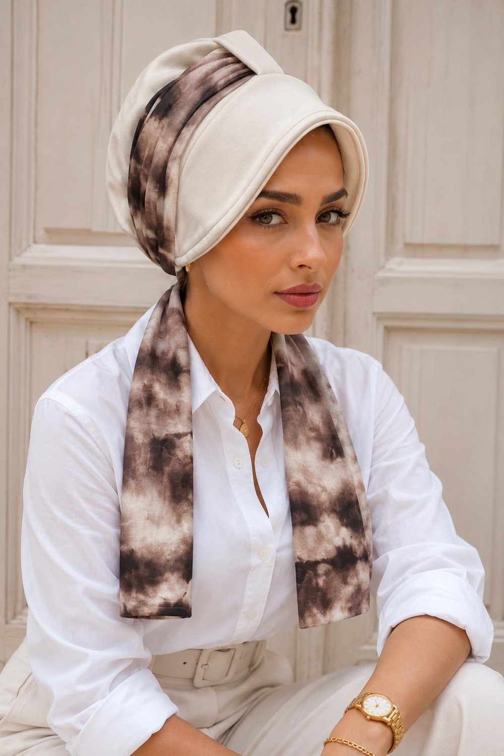 Ekru Batik Fularlı Şapka Bone