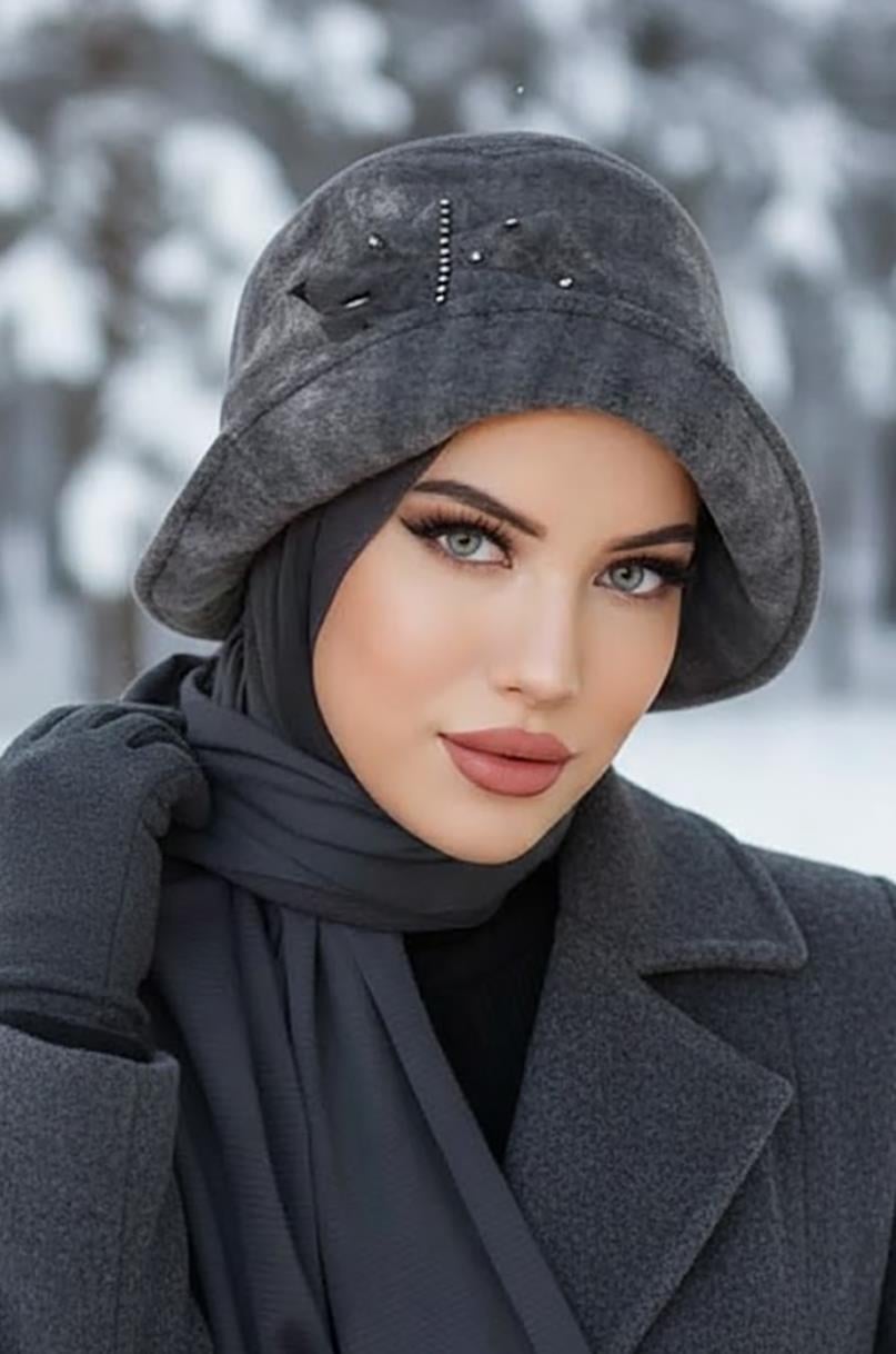 Füme Taşlı Aksesuarlı Vintage Şapka