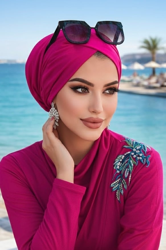 Fuşya Çapraz Bone / Deniz - Havuz Bonesi