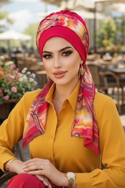 Fuşya Retro Desen Fularlı Bone