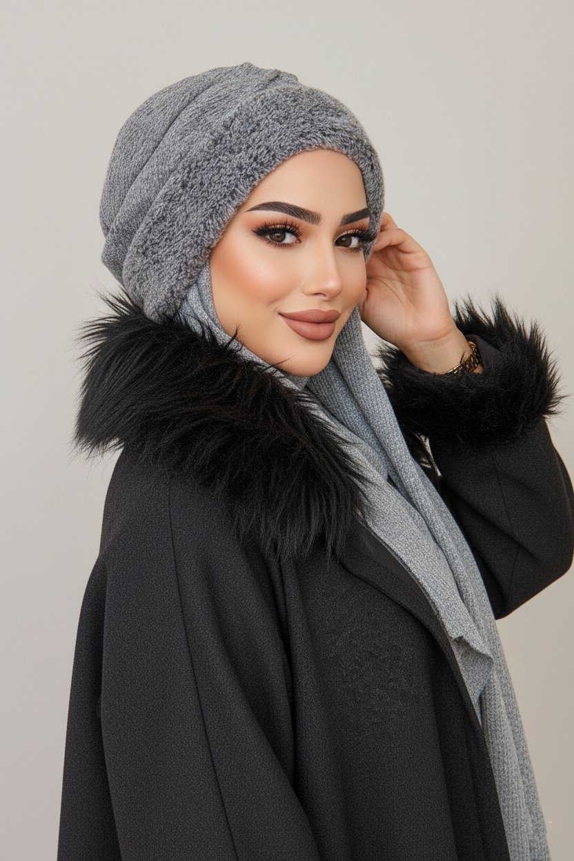 Gri Kürklü Kelebek Bone Şal