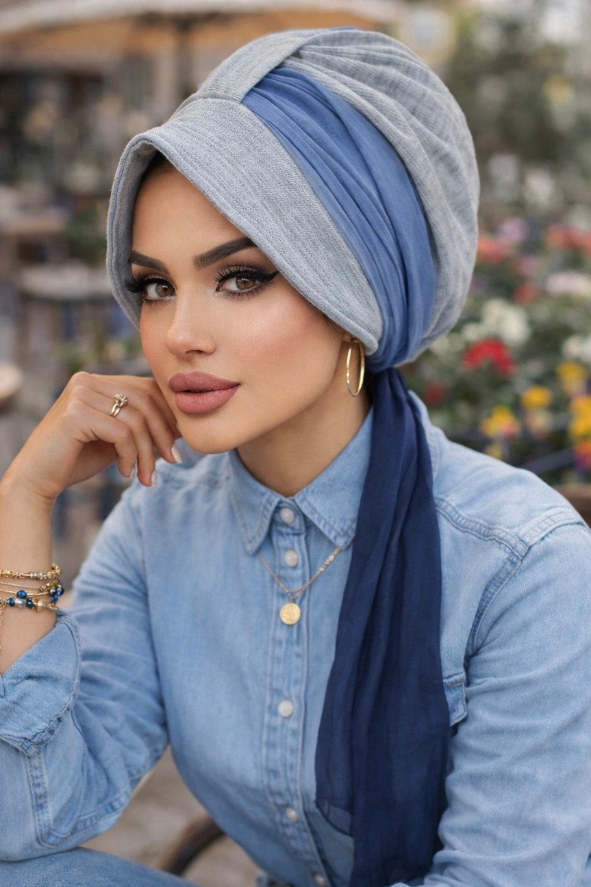 Gri Lacivert Batik Desen Batik Şapkalı Bone