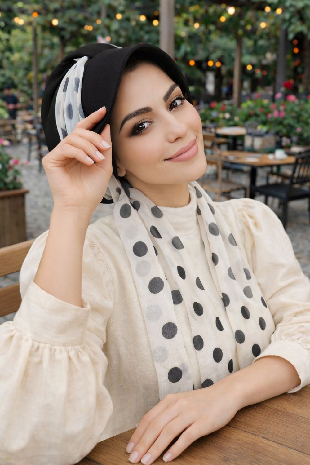 Siyah Puanlı Fularlı Şapka Bone
