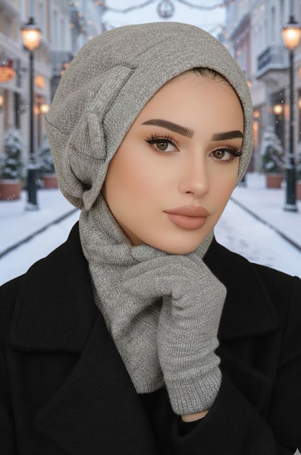 Gri Melanj Fiyonklu Tesettür Bere ve Etol Takım