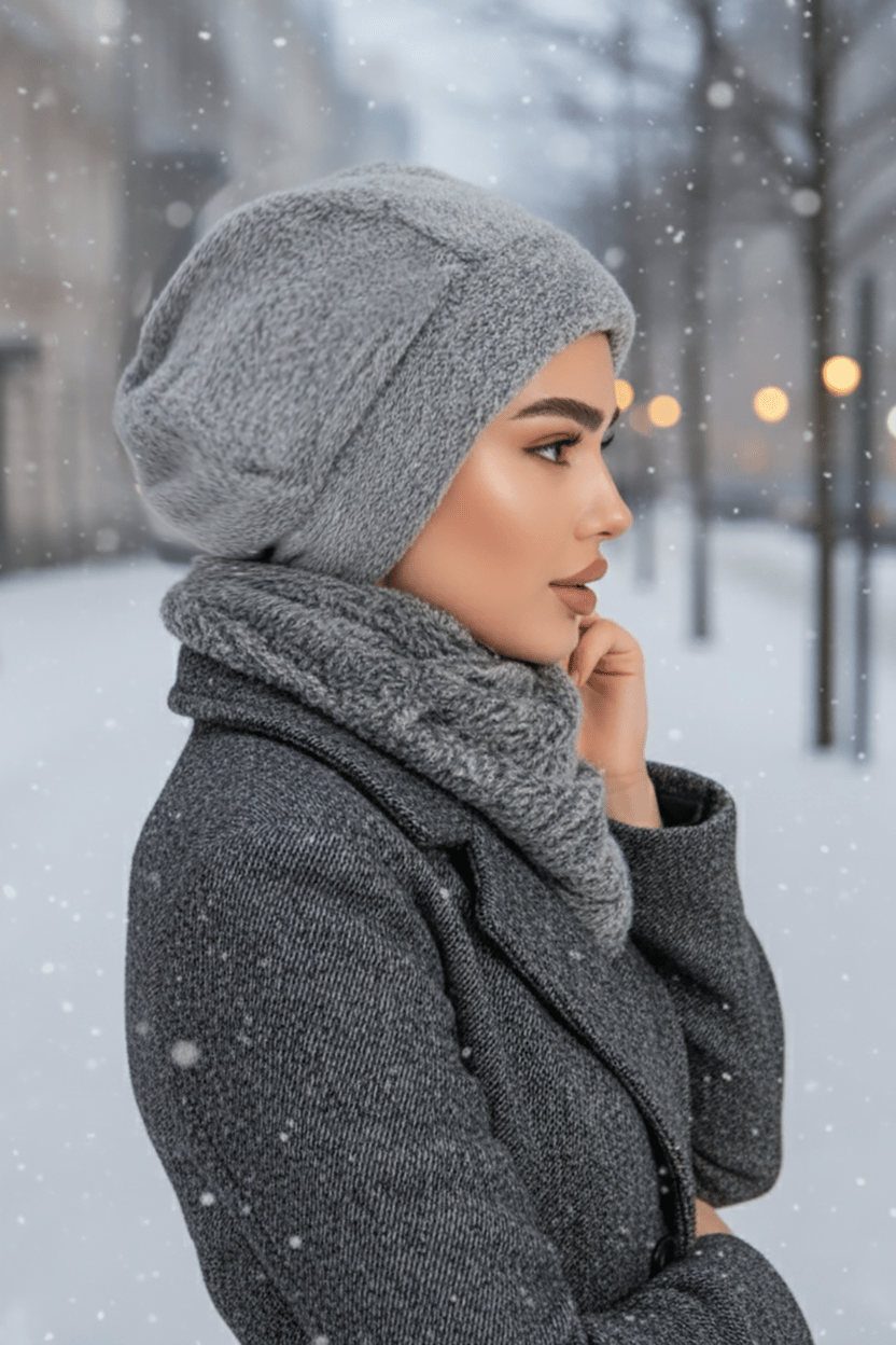 Gri Melanj Welsoft Etol ve Tesettür Bere Takım