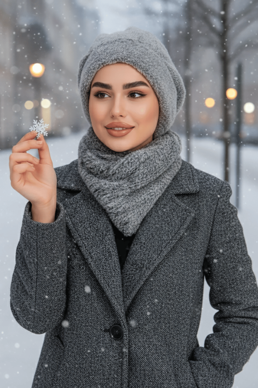 Gri Melanj Welsoft Etol ve Tesettür Bere Takım
