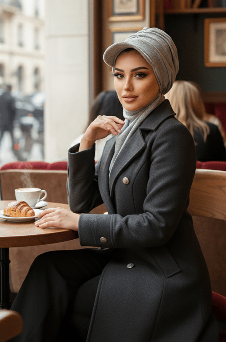 Gri Triko Büzgülü Tesettür Şapka Ve Etol Takım