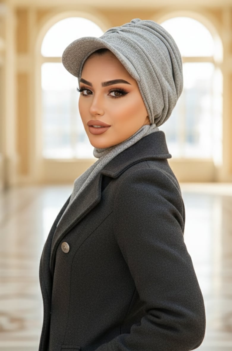 Gri Triko Büzgülü Tesettür Şapka Ve Etol Takım