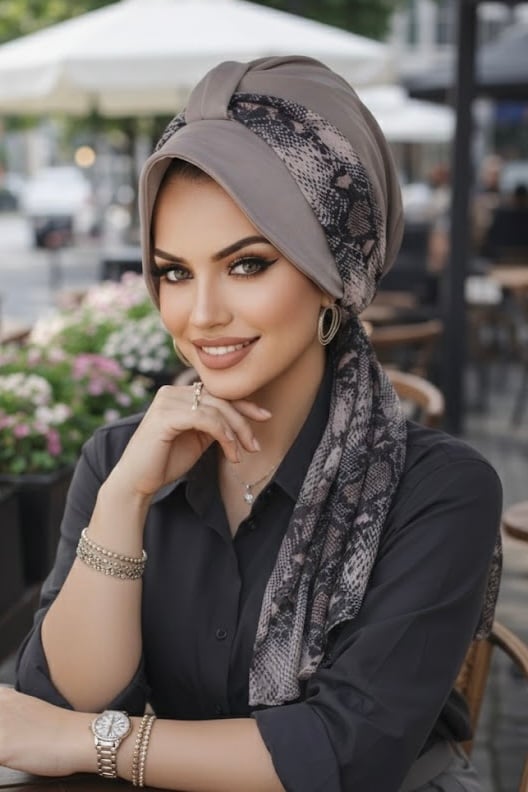 Gri Yılan Desen Fularlı Şapka Bone