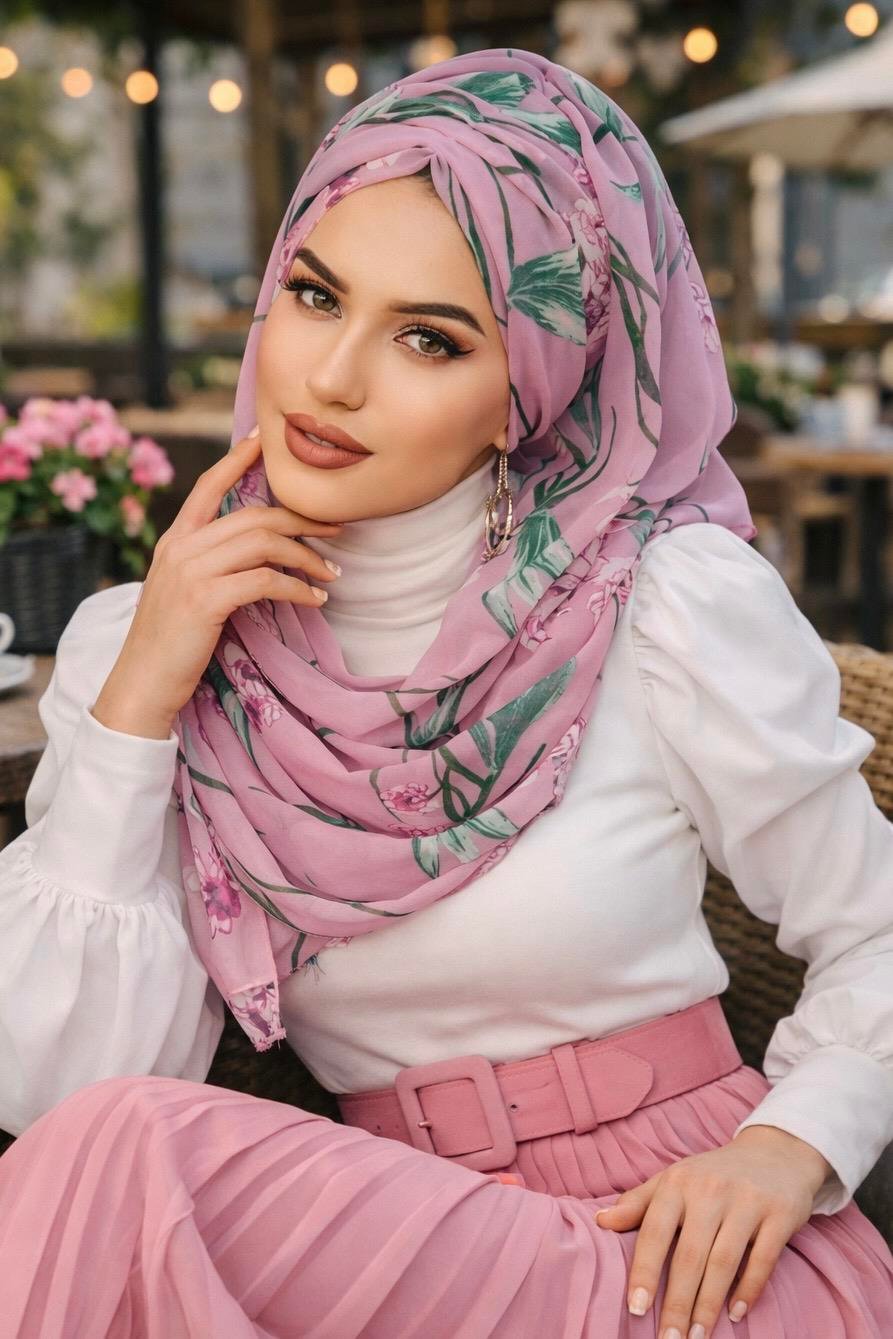 Gülkurusu Çiçek Desenli Hazır Şifon Şal