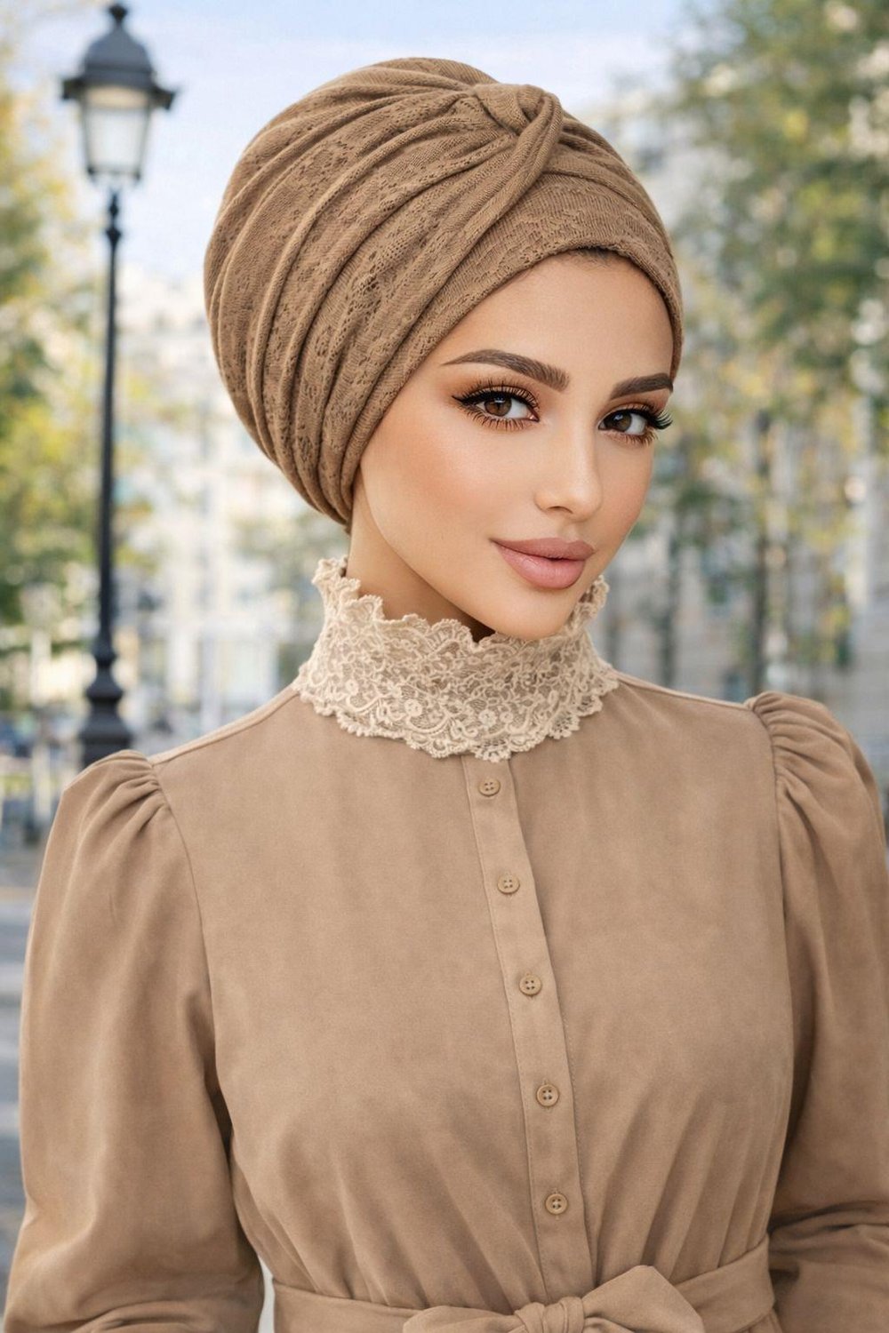 Karamel Kahve Kendinden Desenli Burgu Bantlı Bone