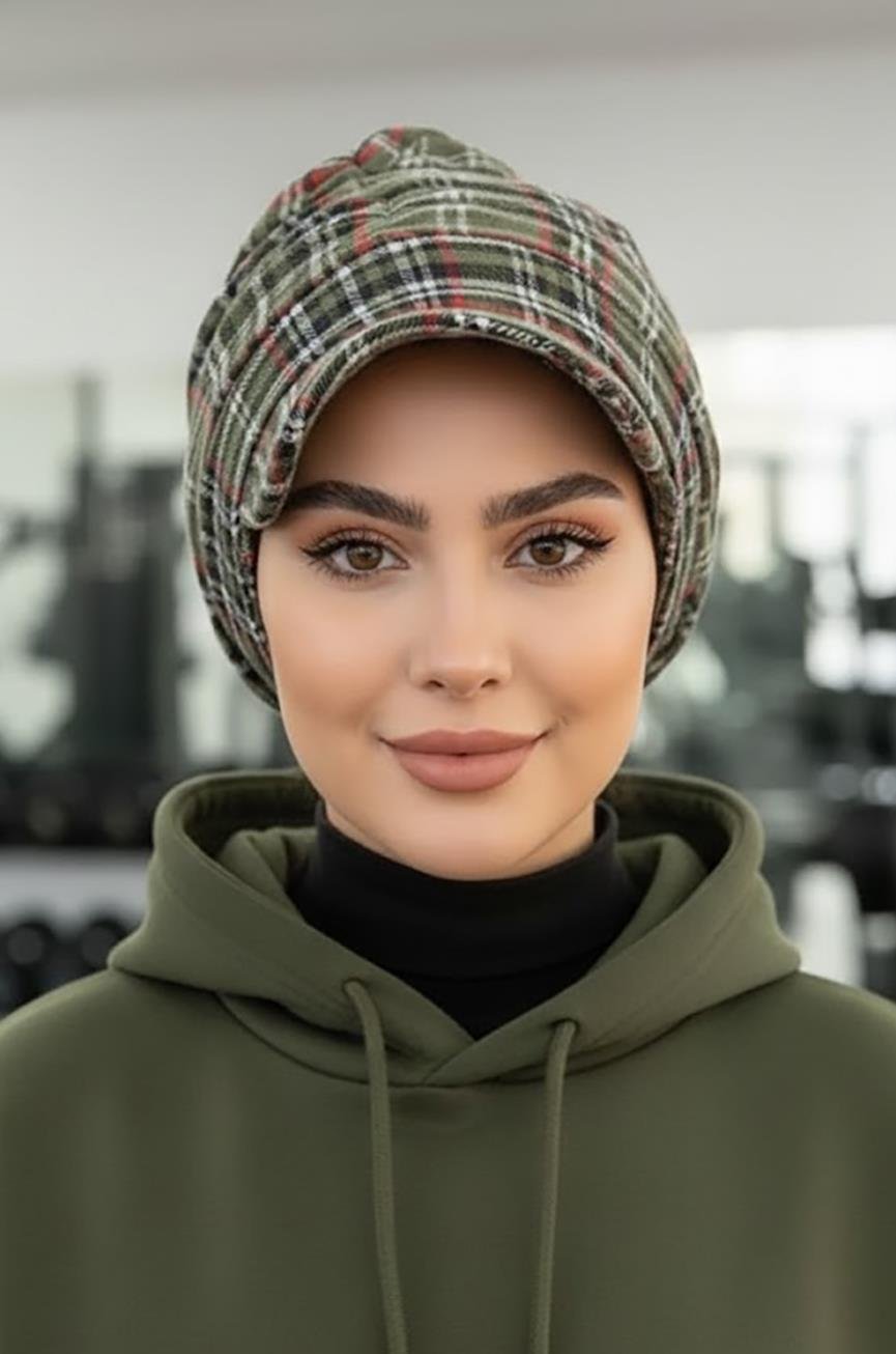 Haki Ekose Desen Tesettür Şapka