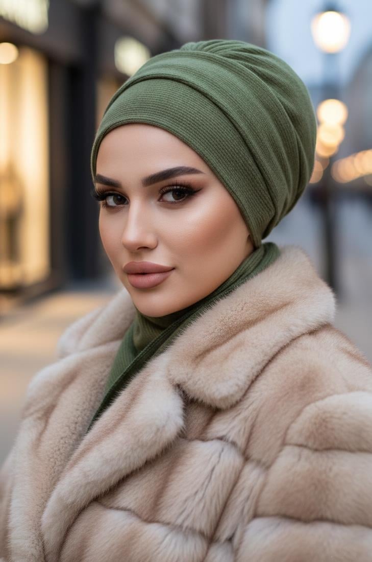 Haki Triko Atkılı Tesettür Bone