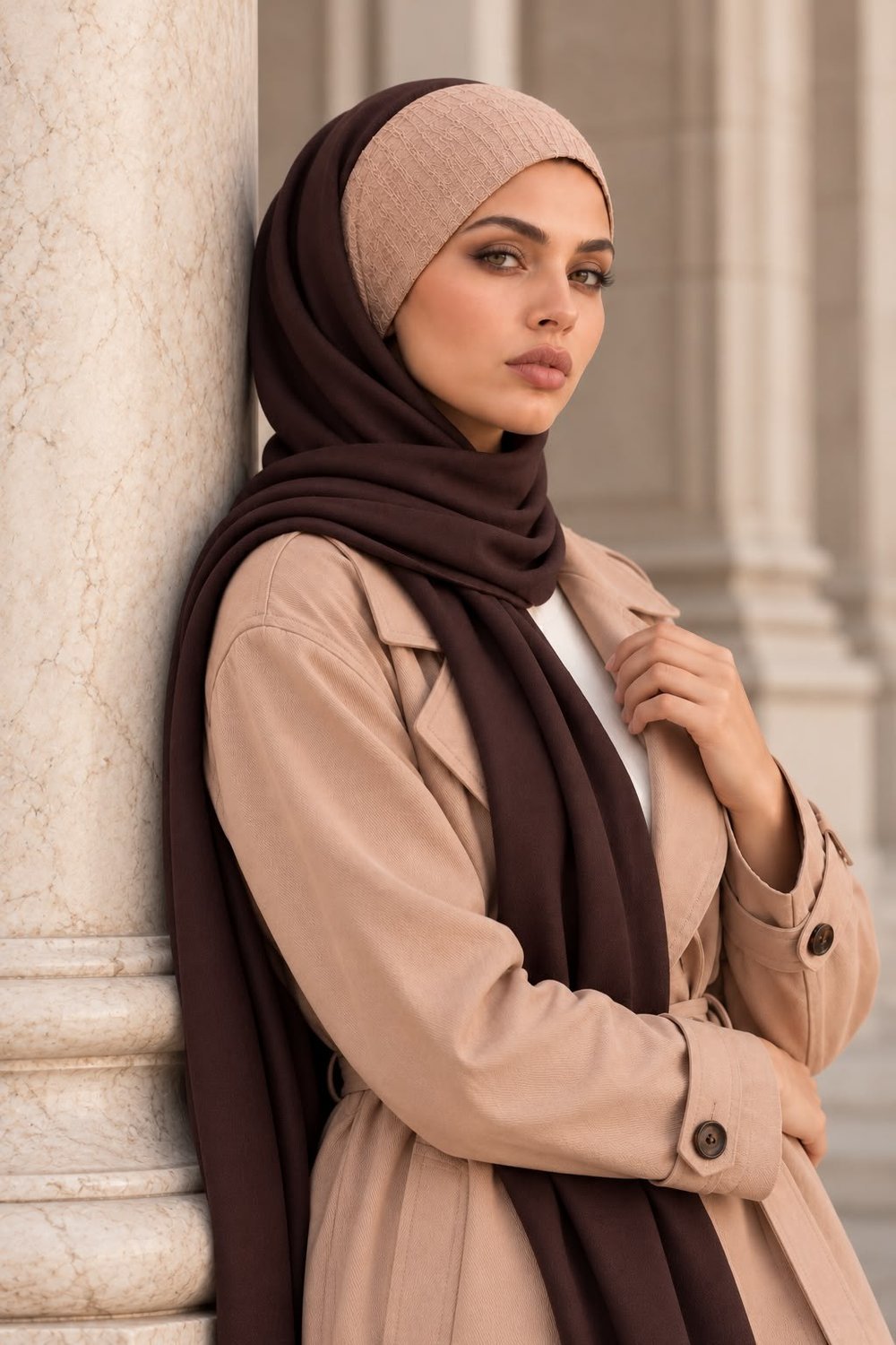 Kahve Bej Triko Bandana Şal / Bağcıksız Şal