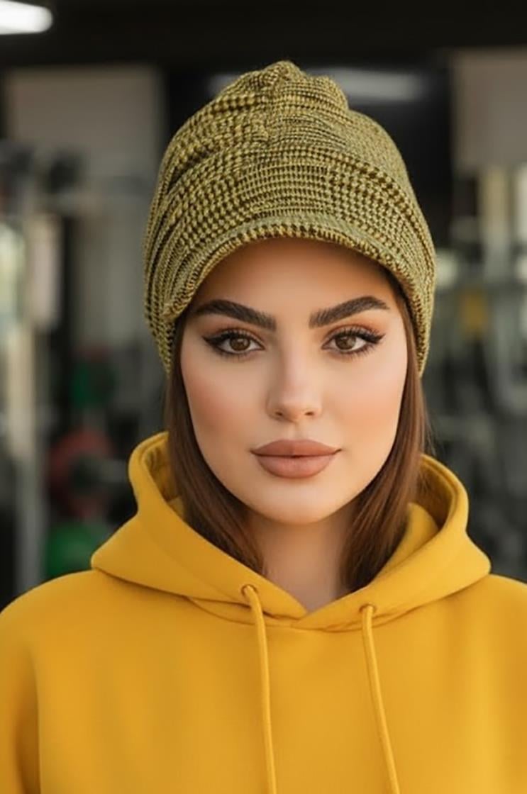 Hardal Siyah Ekose Desen Tesettür Şapka