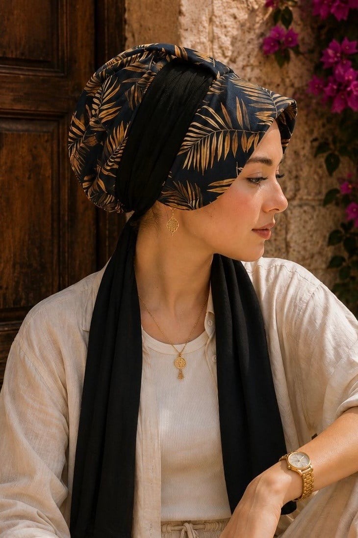 Hardal Siyah Yaprak Desen Fularlı Şapka