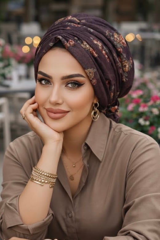 Kahve Çiçek Desen Tokalı Bone