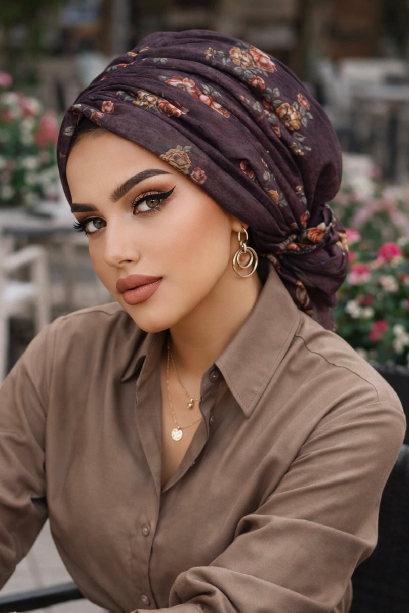 Kahve Çiçek Desen Tokalı Bone
