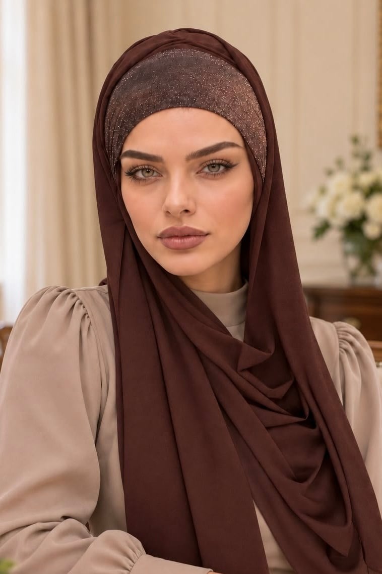 Kahverengi Bakır Işıltılı Bandana Hazır Şal