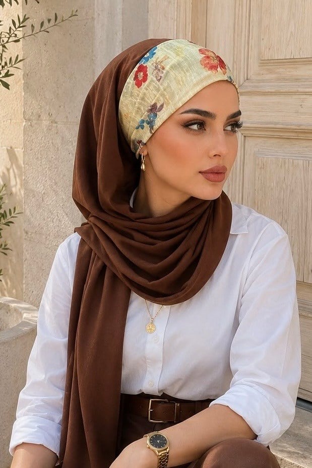 Kahverengi Çiçek Desen Bandana Şal