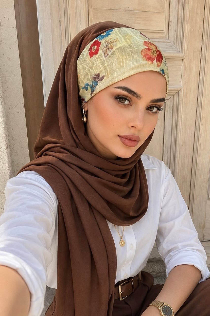 Kahverengi Çiçek Desen Bandana Şal