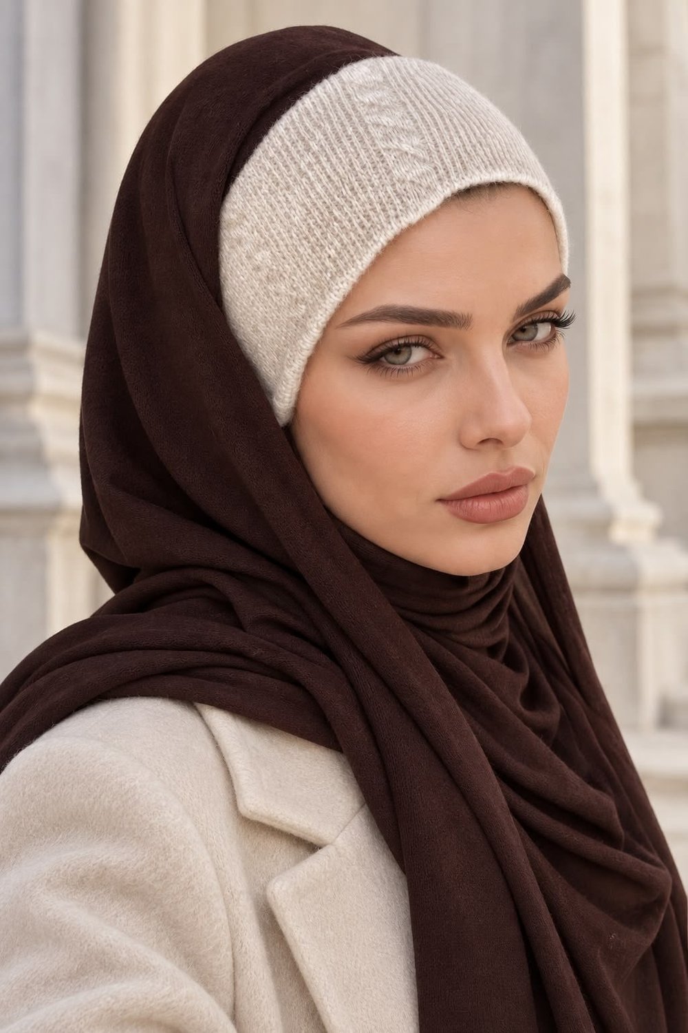 Kahverengi Krem Triko Bağcıksız Bandana Hazır Şal