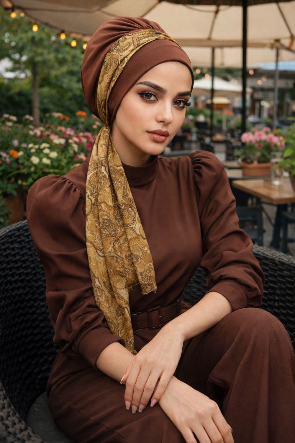 Karamel Kahve Batik Desen Fularlı Bone