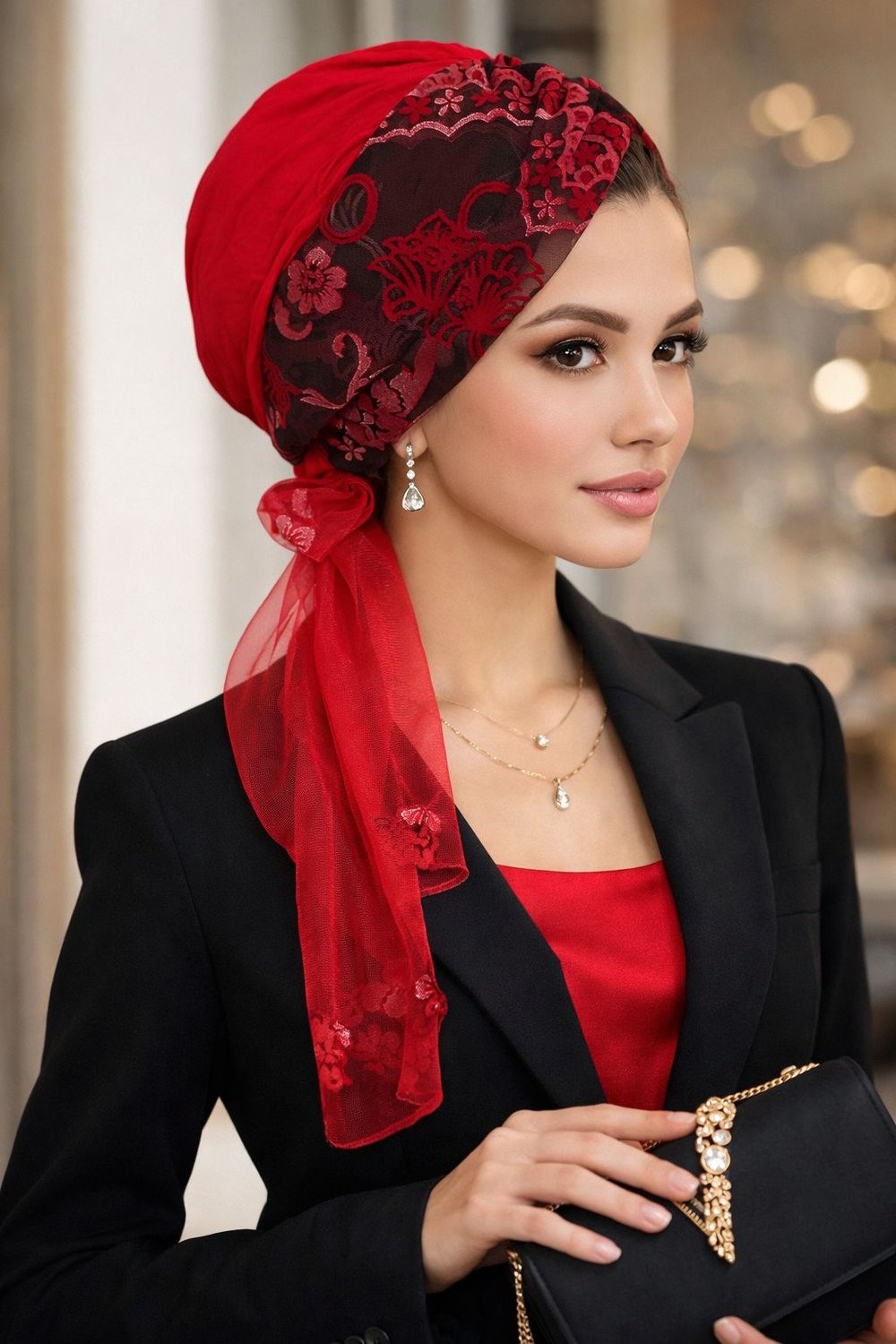 Kımızı Siyah Desenli Eşarp Bone