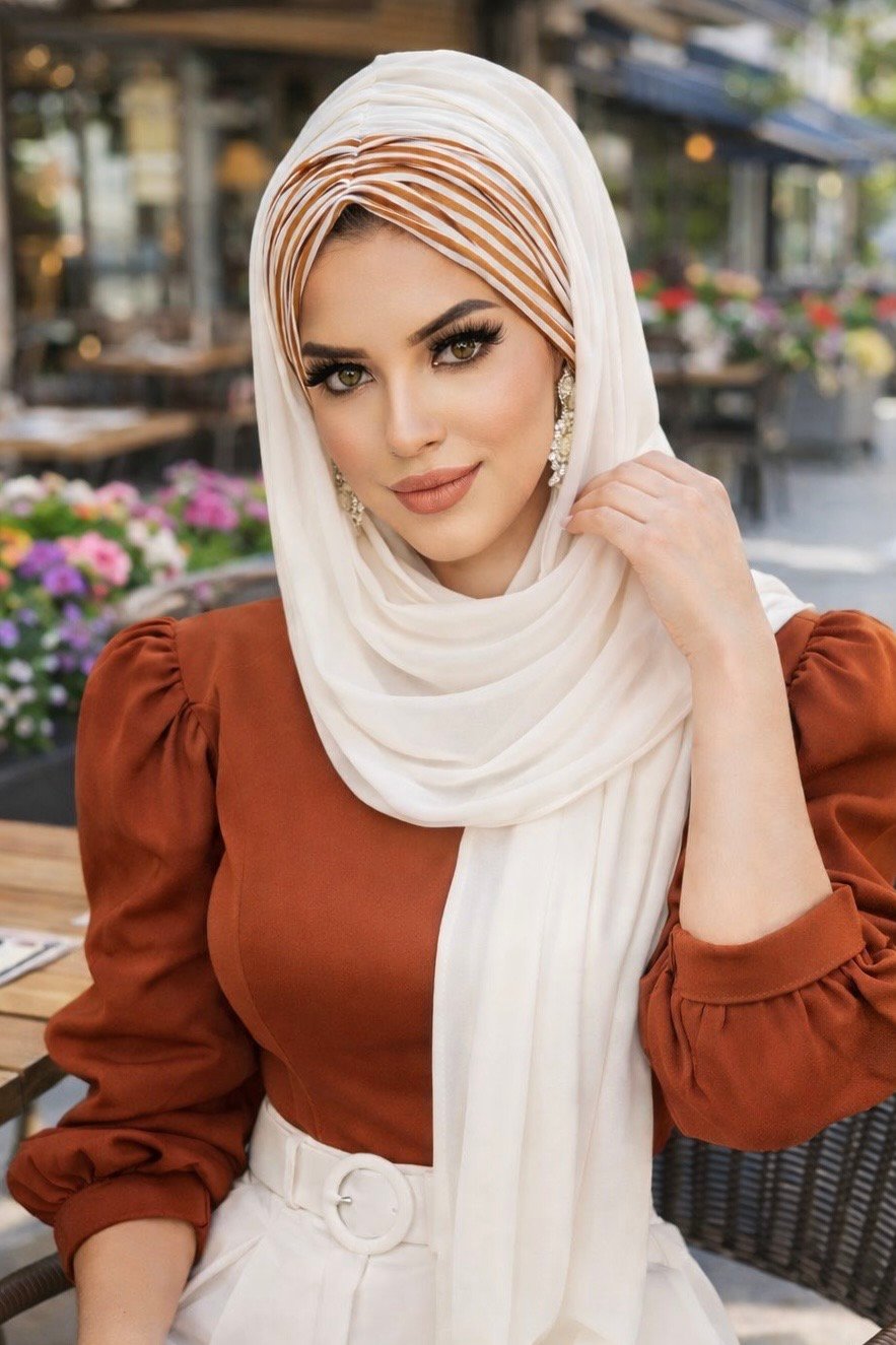 Kırık Beyaz Taba Çizgili Hazır Şal