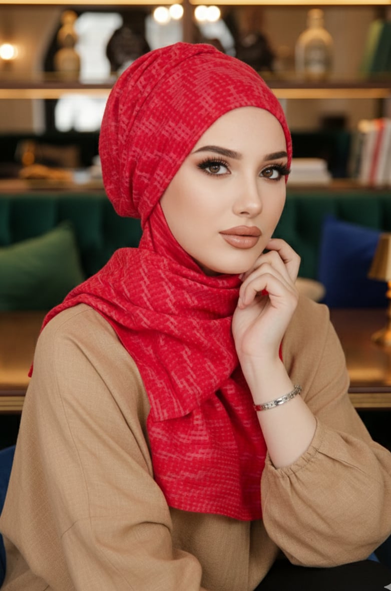 Kırmızı Desen Kışlık Kelebek Bone Şal