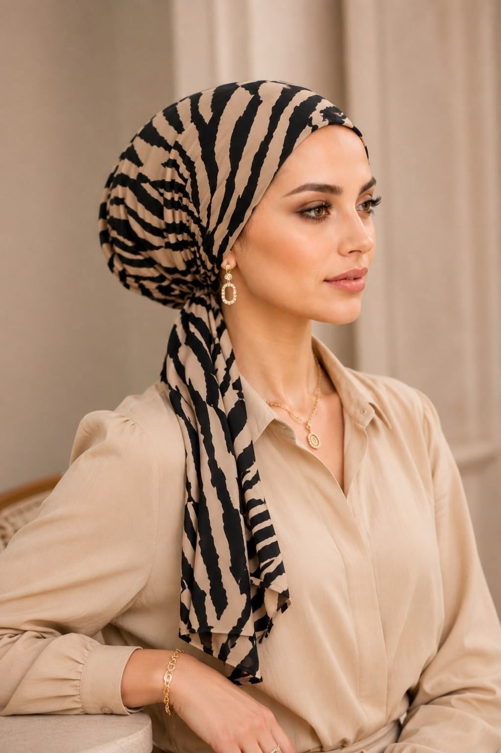 Bej  Siyah Desenli Krep Kumaş Eşarp Bone