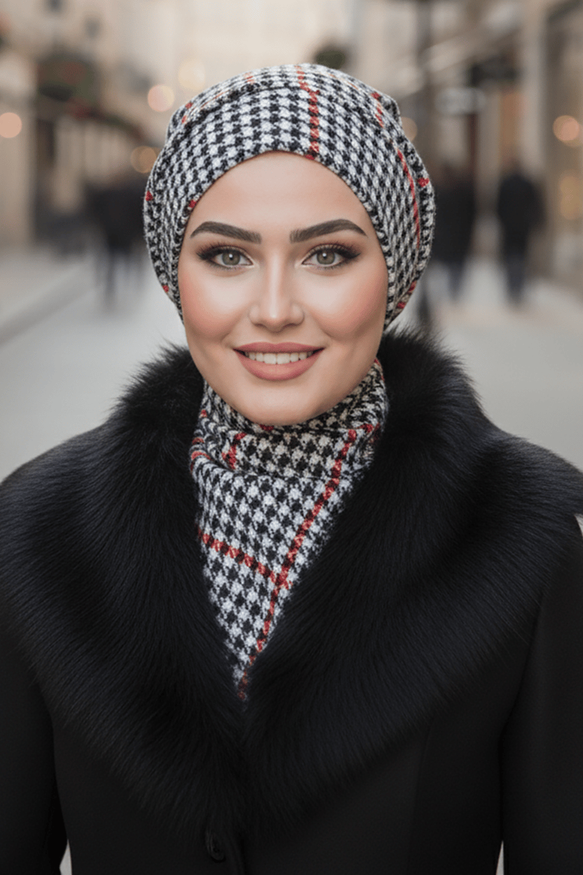 Kırmızı Siyah Kazayağı Tesettür Bere ve Etol Takım