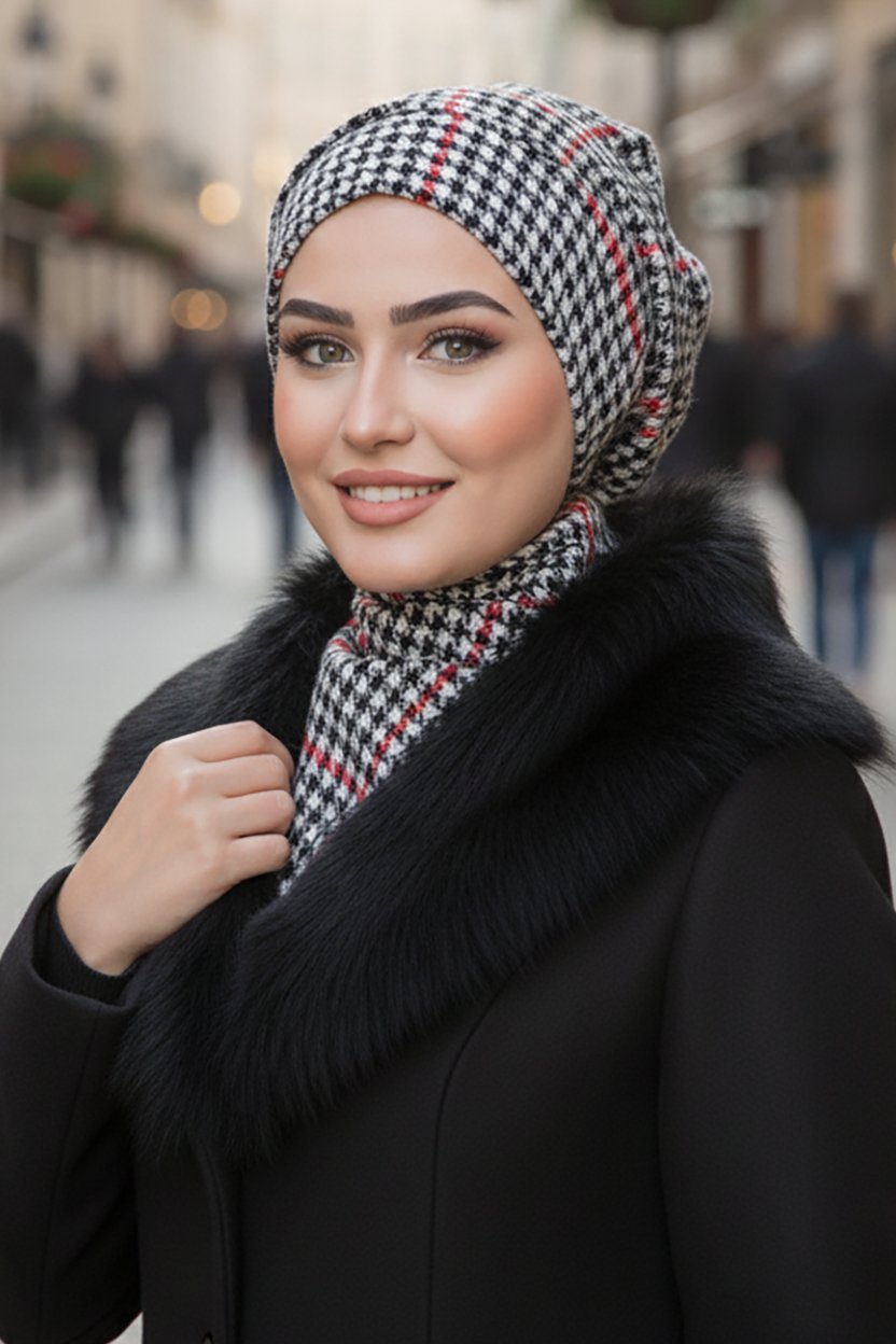 Kırmızı Siyah Kazayağı Tesettür Bere ve Etol Takım